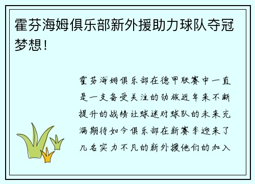 霍芬海姆俱乐部新外援助力球队夺冠梦想！